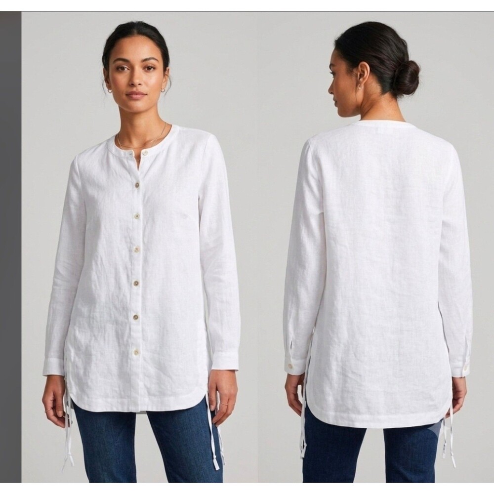 J. Jill Love Linen White Tunic Blouse Shirt Size M Medium EUC Side Ties